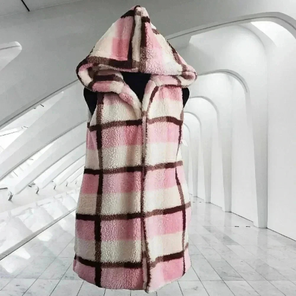 Soft Cozy Sherpa Teddy Ski Travel Plaid Hoodie Vest Small - Picture 2 of 6